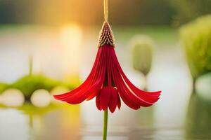 un' rosso fiore sospeso a partire dal un' corda nel il acqua. ai-generato foto