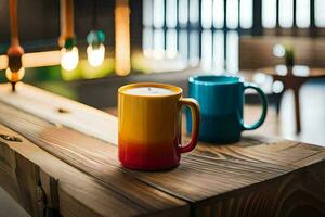 Due colorato caffè tazze sedersi su un' di legno tavolo. ai-generato foto