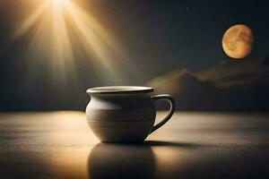 un' tazza di caffè su un' tavolo nel davanti di il Luna. ai-generato foto