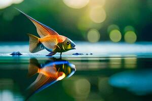 un' pesce con luminosa colori è in piedi su il acqua. ai-generato foto