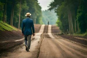 un' uomo nel un' completo da uomo e cappello passeggiate giù un' sporco strada. ai-generato foto