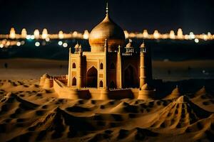 un' sabbia castello nel il deserto a notte. ai-generato foto