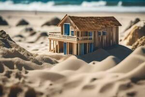 un' miniatura di legno Casa su il spiaggia. ai-generato. ai-generato foto