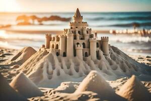 un' sabbia castello su il spiaggia a tramonto. ai-generato foto