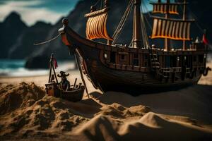 un' pirata nave è su il sabbia vicino il oceano. ai-generato foto