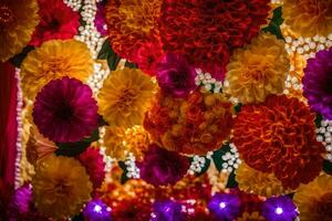 un' colorato fiore parete con luci e fiori. ai-generato foto