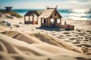 un' piccolo di legno Casa su il spiaggia. ai-generato foto