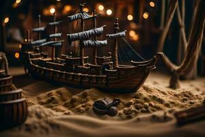 un' modello di un' pirata nave nel un' sabbia fossa. ai-generato foto