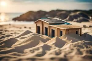 un' miniatura Casa su il spiaggia con sabbia. ai-generato foto