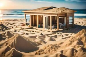 un' miniatura Casa su il spiaggia con sabbia. ai-generato foto