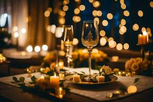 un' tavolo ambientazione con candele e vino occhiali. ai-generato foto