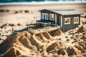 un' miniatura Casa su il spiaggia con sabbia. ai-generato foto