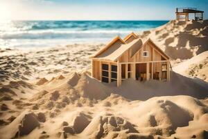 un' di legno Casa su il spiaggia con sabbia. ai-generato foto