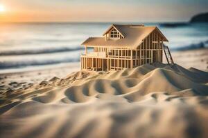 un' modello Casa su il spiaggia a tramonto. ai-generato foto