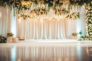 un' nozze palcoscenico con bianca le tende e fiori. ai-generato foto