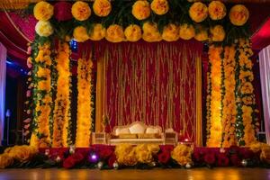 un' palcoscenico decorato con fiori e rosso e giallo fiori. ai-generato foto