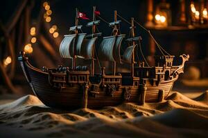 un' modello di un' pirata nave nel il sabbia. ai-generato foto