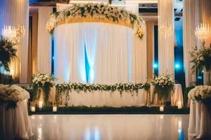 un' nozze cerimonia è impostato su nel un' grande camera. ai-generato foto