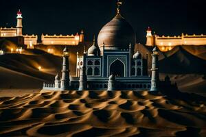 un' modello di un' moschea nel il deserto a notte. ai-generato foto