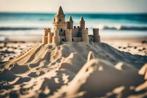 un' sabbia castello su il spiaggia. ai-generato foto