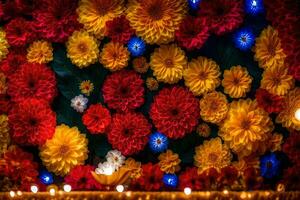 un' colorato fiore parete con candele e fiori. ai-generato foto