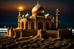 un' sabbia castello è mostrato nel il deserto a notte. ai-generato foto