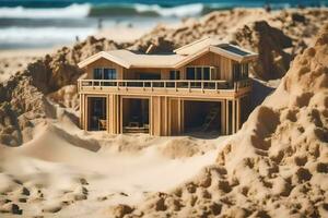 un' miniatura Casa su il spiaggia con sabbia dune. ai-generato foto