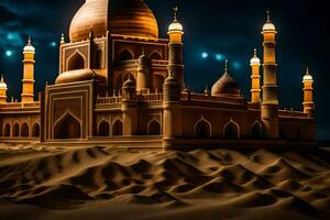 un' moschea nel il deserto a notte. ai-generato foto