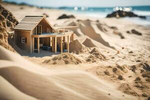 un' miniatura Casa su il spiaggia con sabbia dune. ai-generato foto