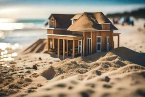 un' miniatura Casa su il spiaggia con sabbia. ai-generato foto