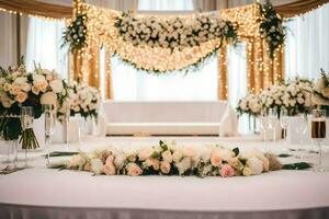 un' nozze cerimonia è impostato su con fiori e candele. ai-generato foto