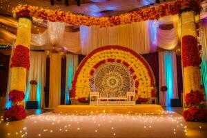 un' nozze palcoscenico decorato con fiori e luci. ai-generato foto