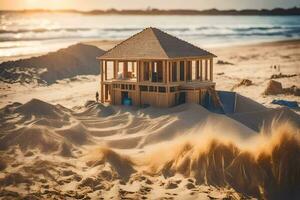 un' di legno Casa su il spiaggia con sabbia soffiaggio nel il vento. ai-generato foto