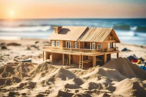 un' miniatura Casa su il spiaggia a tramonto. ai-generato foto