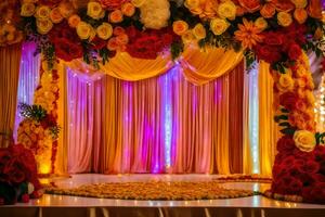 un indiano nozze palcoscenico decorato con fiori e luci. ai-generato foto