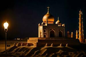 un' moschea nel il deserto a notte. ai-generato foto