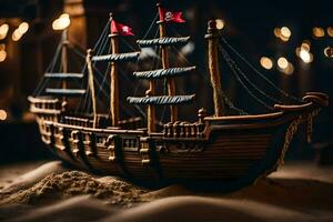 un' modello di un' pirata nave seduta su sabbia. ai-generato foto