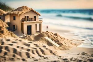 un' miniatura Casa su il spiaggia con sabbia. ai-generato foto