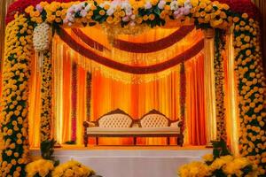 un indiano nozze palcoscenico decorato con fiori e fiori. ai-generato foto