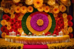 un' nozze ricezione tavolo decorato con colorato carta fiori. ai-generato foto