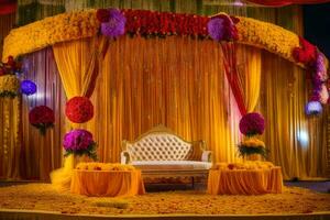 un' palcoscenico decorato con giallo e arancia fiori. ai-generato foto