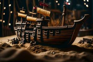 un' modello di un' pirata nave su un' sabbioso spiaggia. ai-generato foto