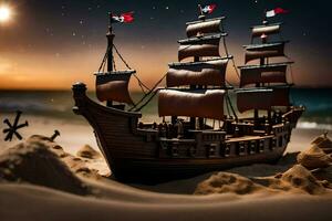 un' pirata nave è su il spiaggia a notte. ai-generato foto