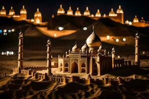 un' modello di un' taj Mahal a notte. ai-generato foto