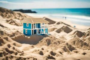 un' miniatura Casa su il spiaggia. ai-generato foto