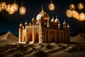 un' modello di un' moschea nel il deserto con luci. ai-generato foto