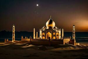 il taj Mahal è illuminato su a notte. ai-generato foto