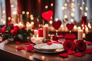 San Valentino giorno tavolo ambientazione con candele e cuori. ai-generato foto