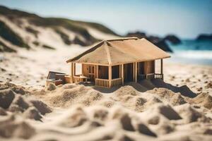 un' miniatura Casa su il spiaggia con sabbia. ai-generato foto