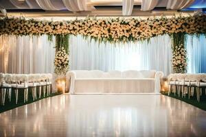 un' nozze cerimonia con bianca sedie e fiori. ai-generato foto